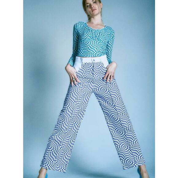 Lisa Says Gah Robyn Checkered Wide Leg Jeans Purple Warp Print Size 29 - Picture 13 of 16